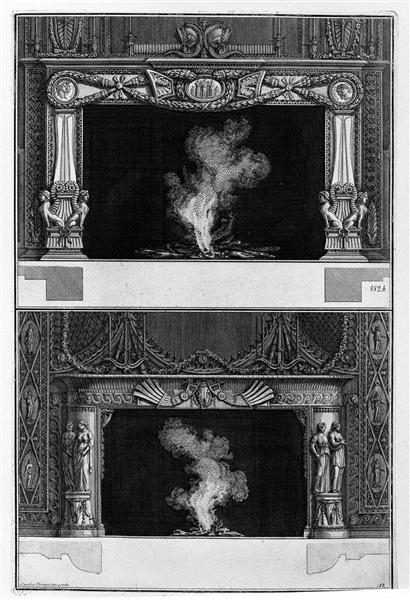 Two fireplaces superimposed with the support cameos and sphinxes in the frieze at the foot of the sides, curved sides with the inf decorated with figures of 4 bases bucranes - Giovanni Battista Piranesi