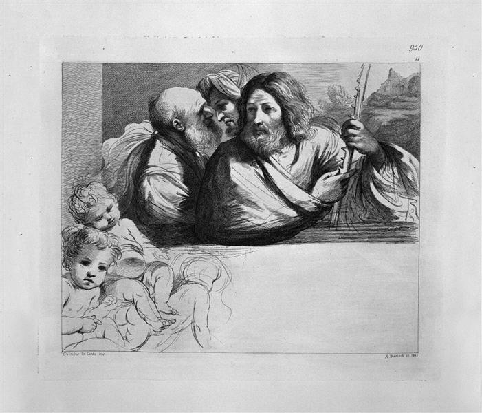 Andrew and two other Apostles, half-length, three cupids corner sketched by Guercino - Джованні Баттіста Піранезі