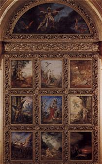 Humanity: The Golden Age depicting three scenes from the lives of Adam and Eve; The Silver Age depicting three scenes from Orpheus: the Iron Age depicting three scenes from the lives of Cain and Abel - Gustave Moreau