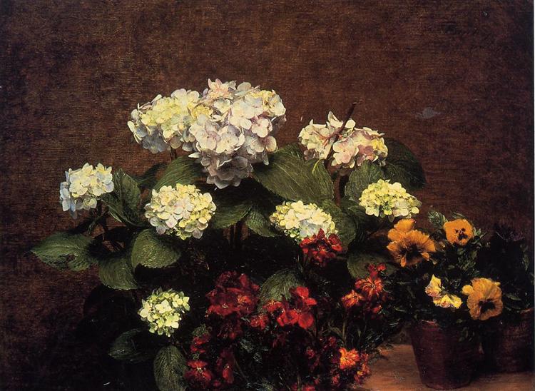 Hydrangias, Cloves and Two Pots of Pansies, 1879 - Анрі Фантен-Латур