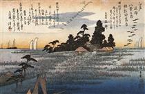 A shrine among trees on a moor - Hiroshige