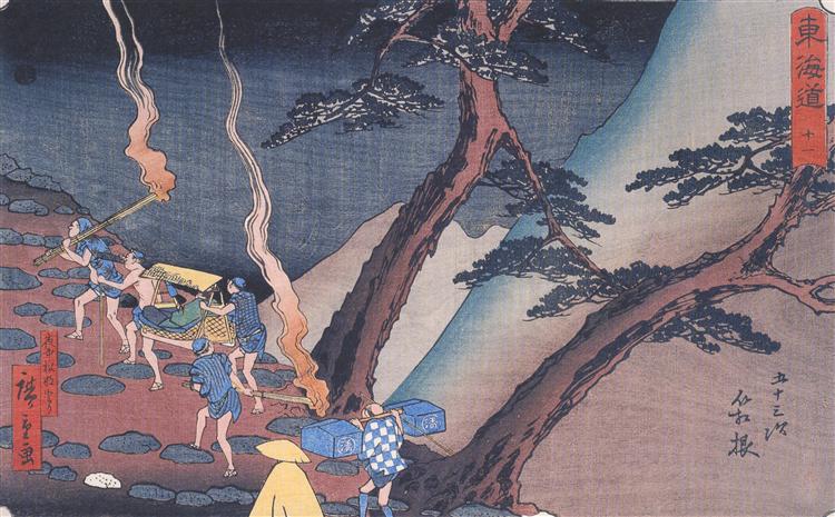 Travellers on a Mountain path at night - Hiroshige