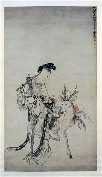 Ma-gu Holding a Vase, with a Deer, 1766 - Хуан Шень