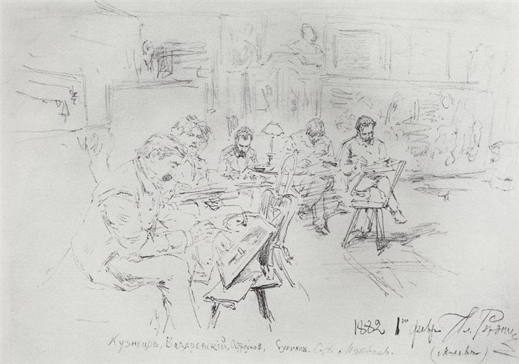 В мастерской И.Е.Репина. Рисовальный вечер., 1882 - Илья Репин