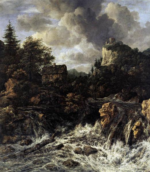 Wasserfall mit Berggipfel Burg und Hütte, 1670 - Jacob van Ruisdael