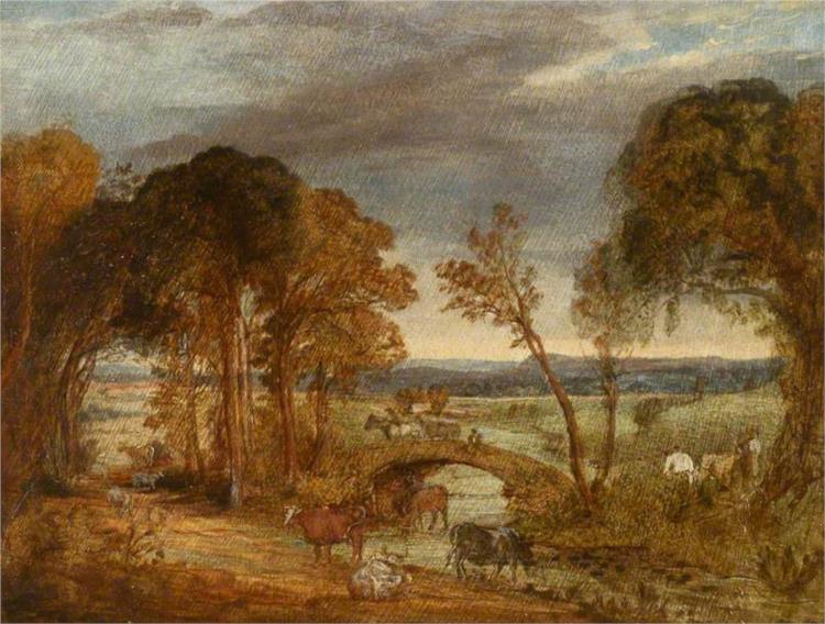 River Landscape with Bridge, Figures and Cattle - James Ward