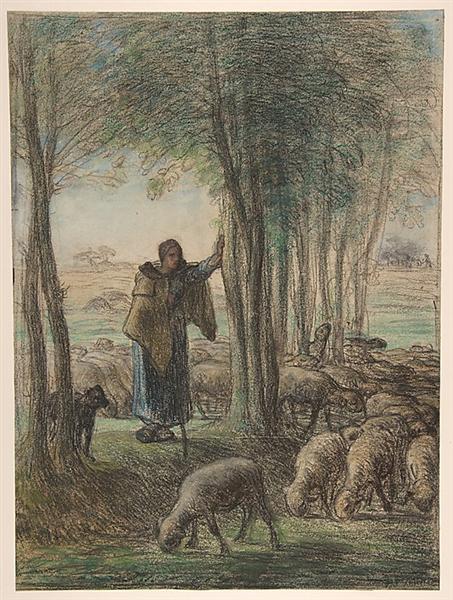 A Shepherdess and Her Flock in the Shade of Trees, c.1855 - 米勒
