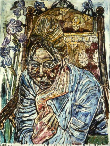 Girl in High-Backed Chair and Irises - John Bratby
