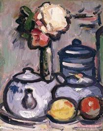 Still Life: Teapot with Flowers and Fruit - Джон Дункан Фергюссон