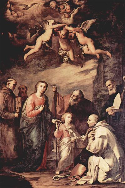 Holy Family with St. Bruno, the Carthusian monks, saints who left St. Bernard of Siena, St. Bonaventure and St. Elias, c.1635 - Хосе де Рибера