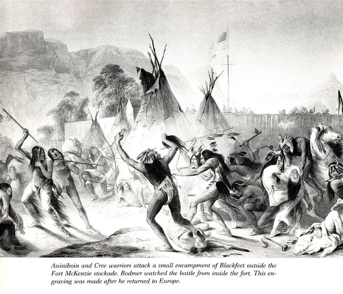 Assiniboin and Cree warriors attack Blackfeet - Karl Bodmer