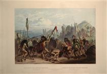 Buffalo-Dance of the Mandan Indians in front of their Medicine Lodge in Mih-Tutta-Hankush, plate 18 from Volume 2 of 'Travels in the Interior of North America' - Karl Bodmer
