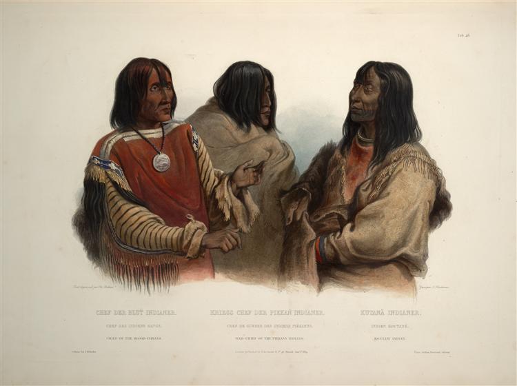 Chief of the Blood Indians, War Chief of the Piekann Indians and a Koutani Indian, plate 46 from Volume 2 of 'Travels in the Interior of North America', 1844 - Karl Bodmer