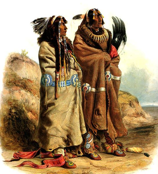 Sih-Chida and Mahchsi-Karehde, Mandan Indians, plate 20 from Volume 2 of 'Travels in the Interior of North America', 1844 - Karl Bodmer