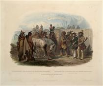 The Travellers Meeting with Minatarre Indians near Fort Clark, plate 26 from Volume 1 of 'Travels in the Interior of North America' - Карл Бодмер