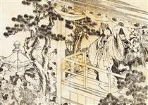 A scene of a shinto shrine dance, kagura - Hokusai