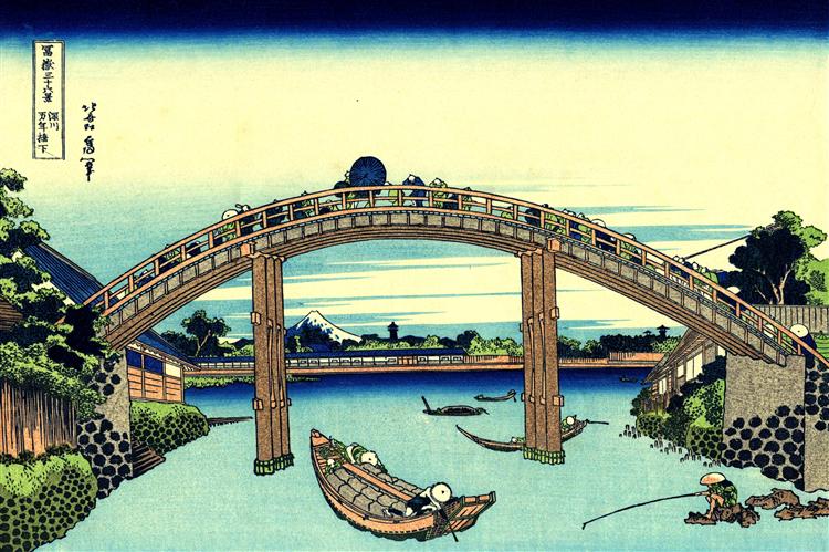 Fuji seen through the Mannen bridge at Fukagawa - Hokusai