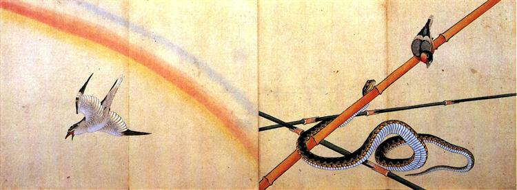 Snake curling around a bamboo stalk with a sparrow on it - Hokusai