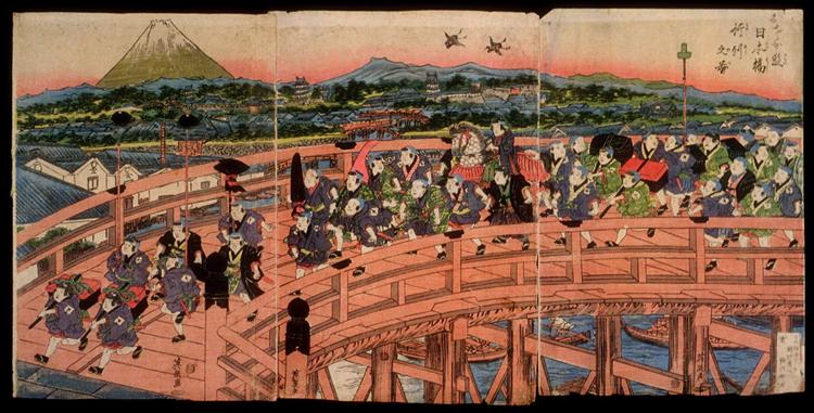 Children's Pastimes: A Procession on Nihon Bridge, 1820 - 溪齋英泉