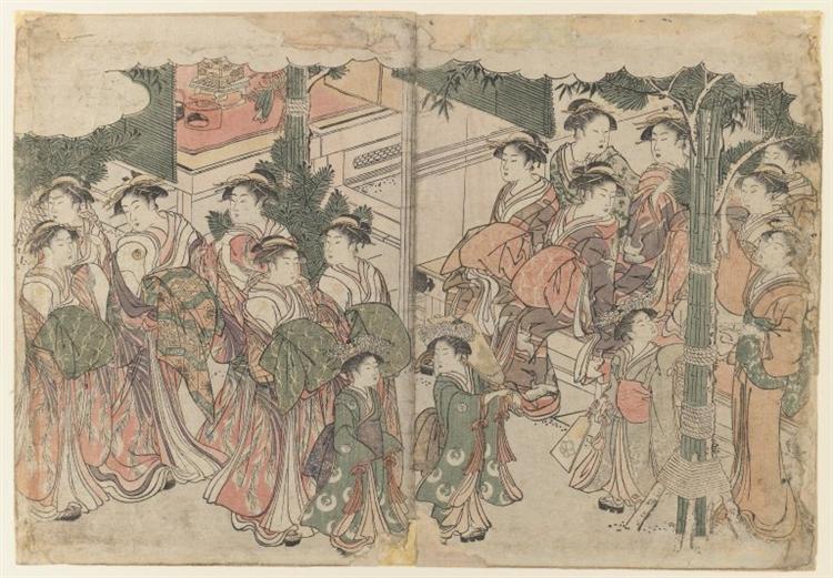Courtesan`s Entourage at New Year`s Festival, 1782 - 1788 - 喜多川歌麿