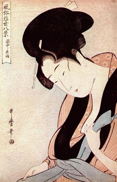 Woman in bedroom on rainy night - 喜多川歌麿
