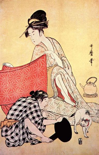 Women making dresses - Китагава Утамаро