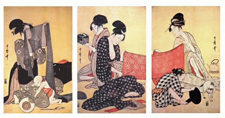 Women making dresses - Utamaro