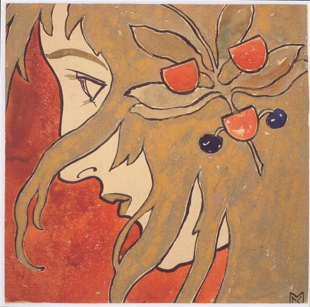 Profile of a girl. Preparatory work for a decorative stain in red and green., 1897 - Koloman Moser