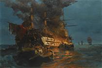 The burning of a Turkish frigate - Constantinos Volanakis