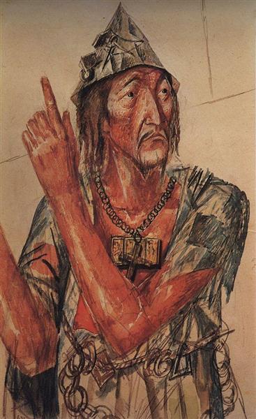 Sketch of makeup for a fool (The tragedy of Alexander Pushkin "Boris Godunov" ), 1923 - Kusma Sergejewitsch Petrow-Wodkin