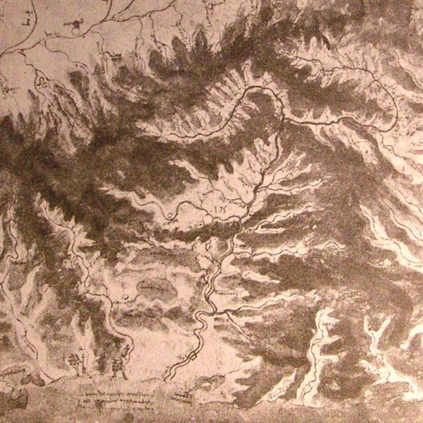 Topographical drawing of a river valley, c.1500 - Léonard de Vinci