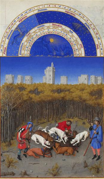 Calendar: December (Hunting Wild Boar), 1416 - Irmãos Limbourg