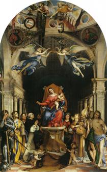 Altar polyptych of San Bartolomeo, Bergamo, main panel: Enthroned Madonna with Angels and Saints - Alexander of Bergamo, Barbara, Roch, Dominic - Лоренцо Лотто