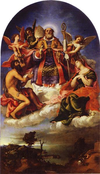 St. Nicholas in Glory with St. John the Baptist, St. Lucy and below St. George Slaying the Dragon, 1529 - Лоренцо Лотто