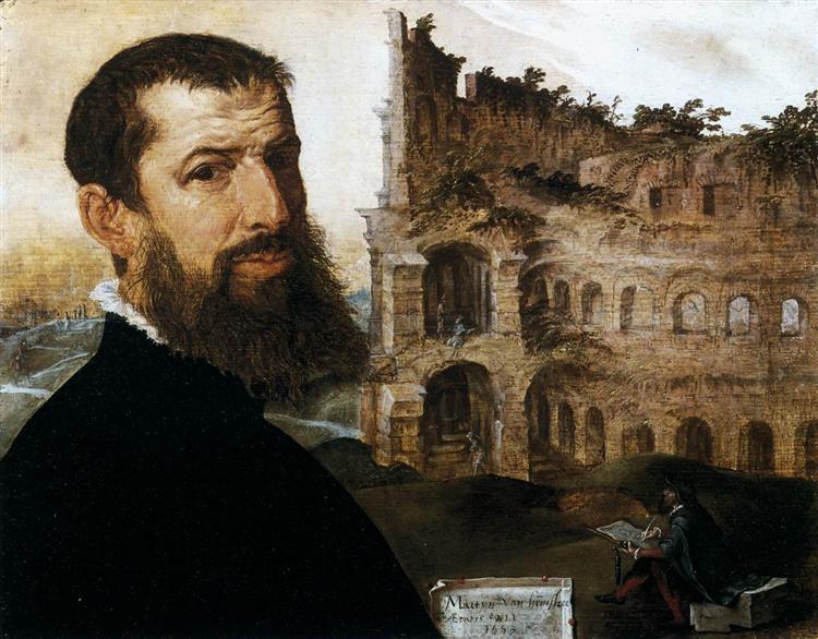 Self-Portrait of the Painter with the Colosseum in the Background, 1553 - Мартен ван Гемскерк