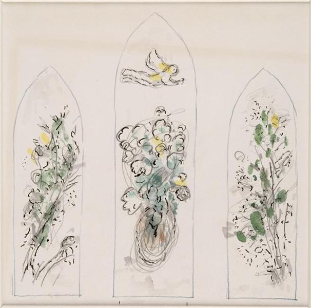 Bushes and angel (sketch to vitrage in Chapelle des Cordeliers in Sarrebourg), 1976 - 夏卡爾