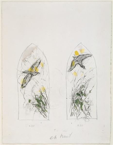 Bushes and birds (sketch to vitrage in Chapelle des Cordeliers in Sarrebourg), 1976 - Марк Шагал