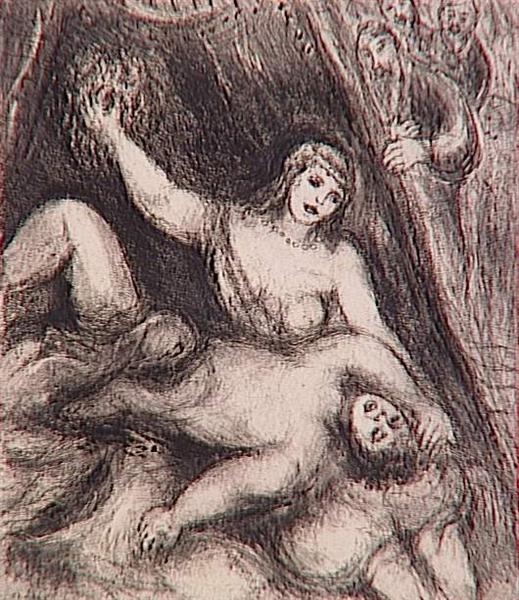 Delilah cut Samson's hair and, had thus deprived him his superhuman strength, he has fallen asleep on her lap and she is going to deliver him to Philistines who watch (Judges XVI, 15-18), c.1956 - Marc Chagall