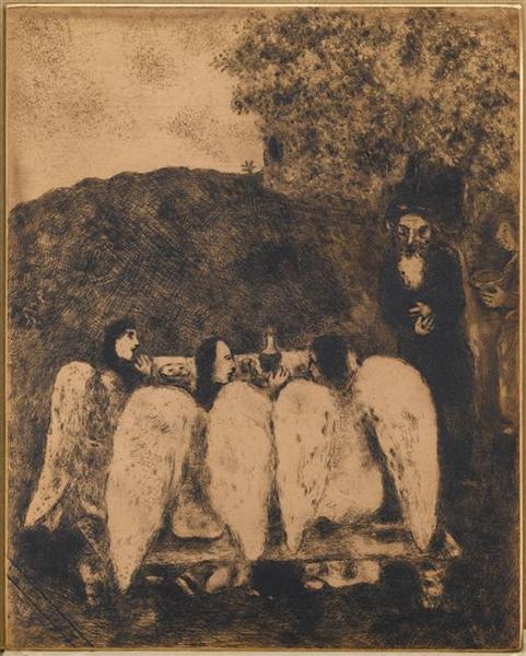 Три ангела посещают Авраама (Бытие, XVIII, 1 8), c.1956 - Марк Шагал