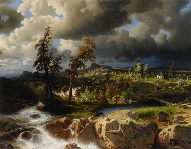 Dramatic landscape with figures and mills, 1854 - Marcus Larson