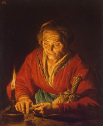 Old Woman with a Candle - Matthias Stomer