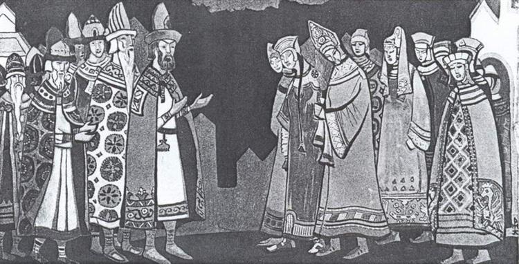 The scene with the two large groups of figures in costumes - Nicholas Roerich