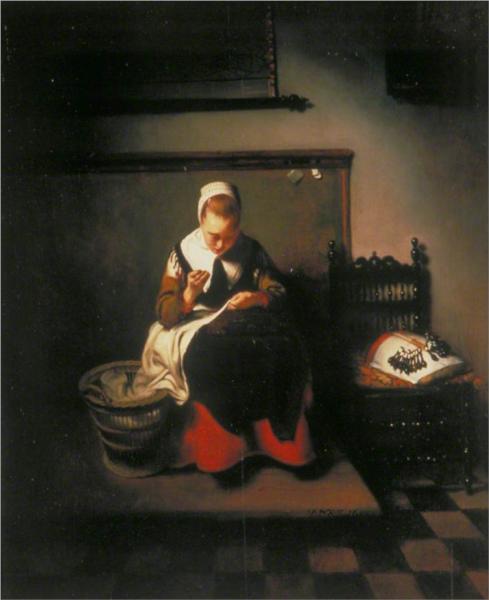A Young Woman Sewing, 1655 - Nicolaes Maes