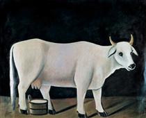 Белая корова на черном фоне - Нико Пиросмани