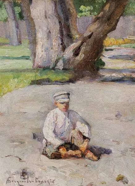 Garson sitting in front of a tree - Nikolay Bogdanov-Belsky