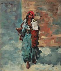 Gypsy Woman with Red Headscarf - Octav Băncilă