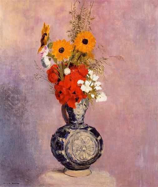 Bouquet of Flowers in a Blue Vase - Одилон Редон