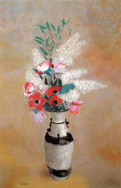 Bouquet with White Lilies in a Japanese Vase - 奥迪隆·雷东