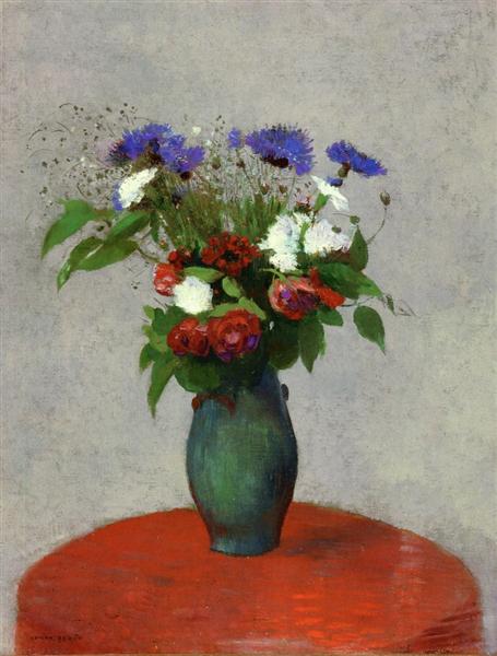 Vase of Flowers on a Red Tablecloth, c.1900 - Одилон Редон