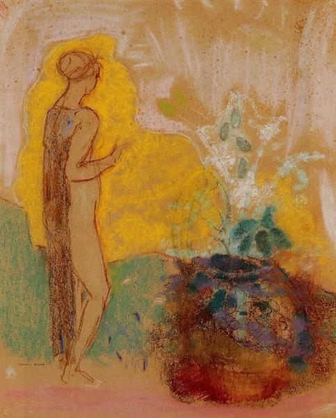 Woman and Stone Pot Full of Flowers - Odilon Redon